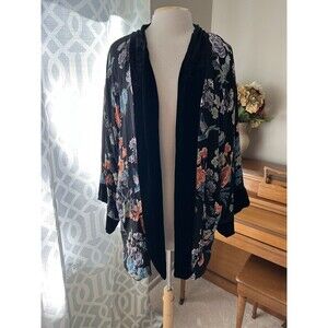 JOHNNY WAS Kimono Black Crushed Velvet, Floral Birds, Silk, Open, Pockets, Large